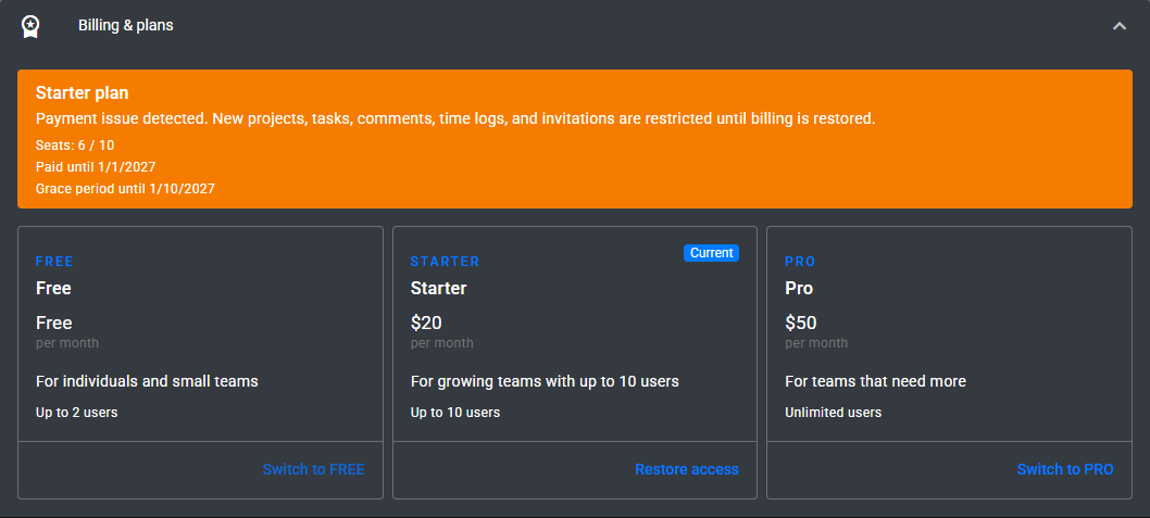 Billing plans and seat usage in Account Settings