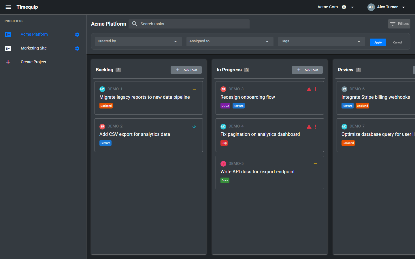 Project board with filters and tagged task cards