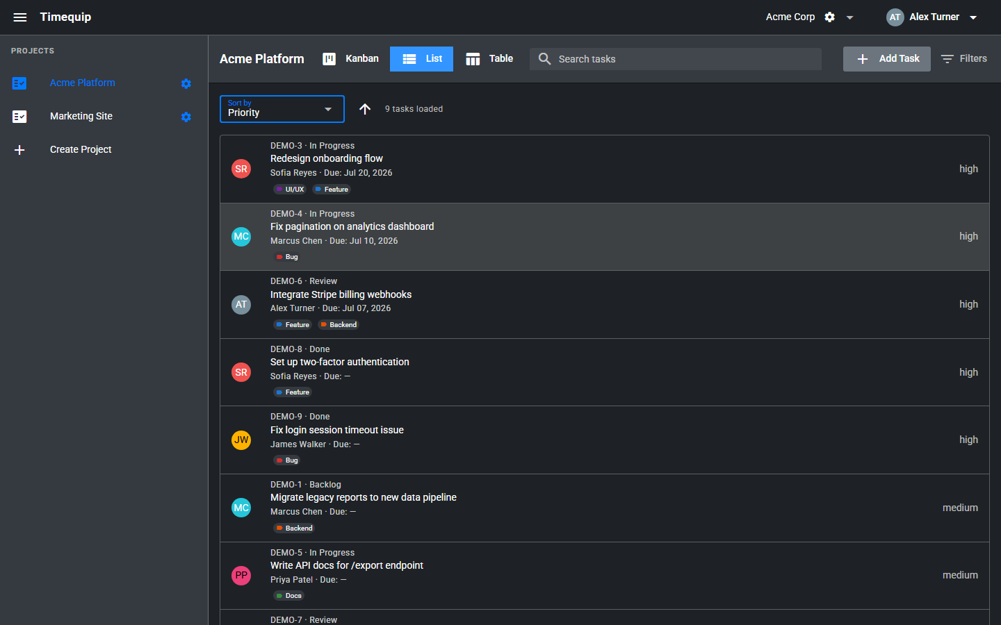 Timequip List view with tasks from multiple statuses sorted by priority
