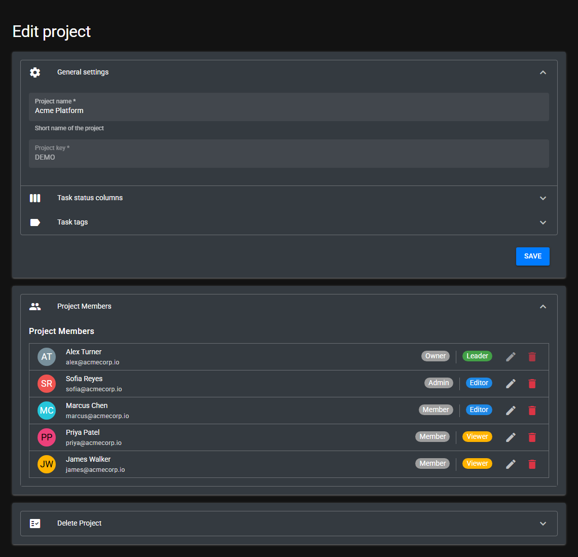 Project settings form