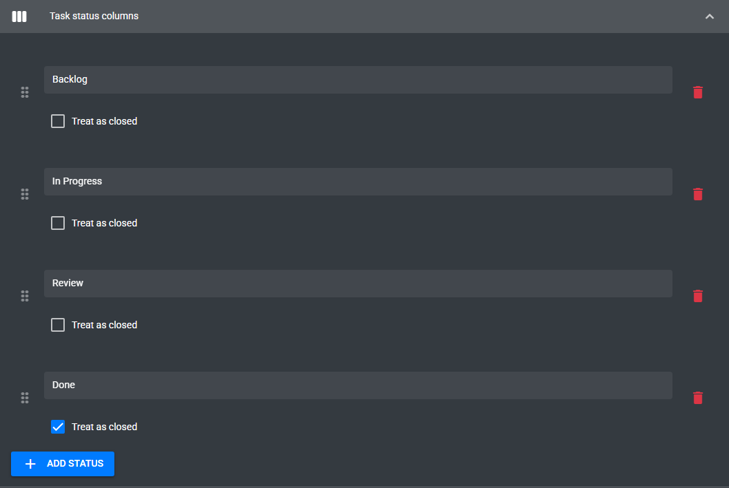 Project settings status columns