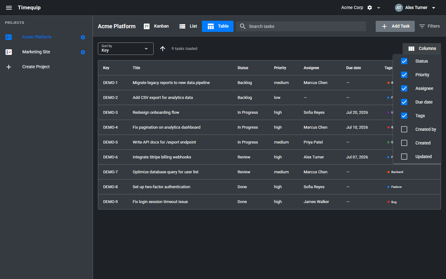Table view Columns menu with checkboxes for optional task fields