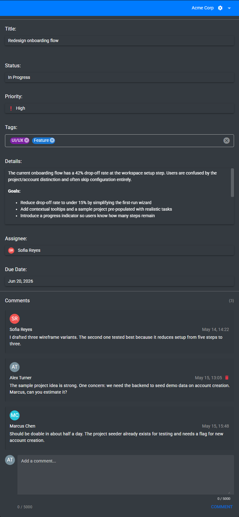 Task details panel with status, priority, tags, assignee, due date, and comments