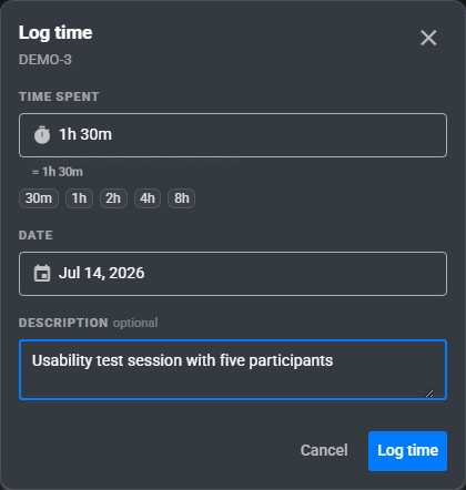 Log time dialog with a duration field, date picker, and description field